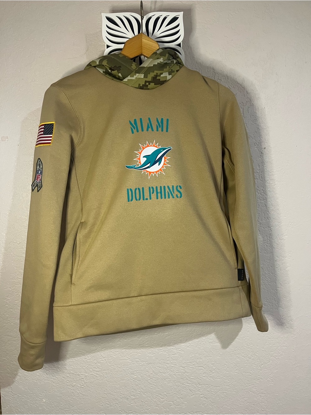 Miami Dolphins On Field Salute to Soldiers Khaki Team Pullover Hoodie